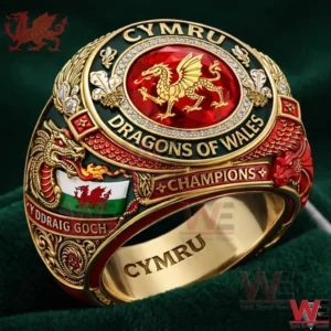 Gold ring with red dragon emblem and Cymru Dragons of Wales engraving!
