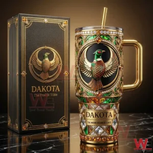 Ornate Dakota tumbler with gold handle bird emblem and decorative box!