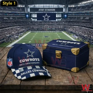 Dallas Cowboys anniversary cap and collector box displayed inside a large football stadium!