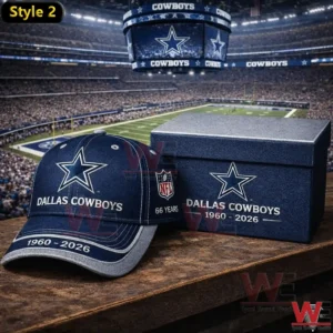 Dallas Cowboys anniversary cap and matching box displayed in a bright football stadium setting!