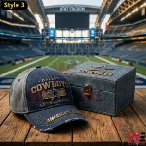 Vintage style Dallas Cowboys anniversary cap and collector box placed inside a football stadium!