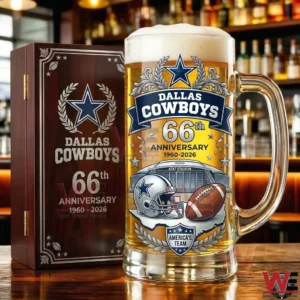 Dallas Cowboys themed glass beer mug with team logo and anniversary design beside a decorative box!