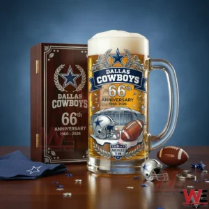 Dallas Cowboys anniversary glass beer mug displayed with football themed decorations!