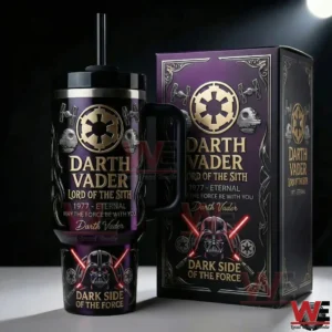 Darth Vader insulated tumbler with dark side design next to matching box on dark background!