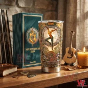 Decorative Dave Matthews Band tumbler displayed with box guitar and music themed items!