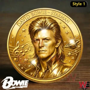 Gold commemorative coin with a detailed portrait of David Bowie in Starman style surrounded by stars and musical symbols!