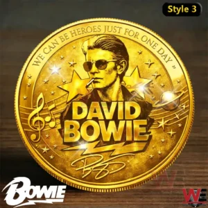 Gold commemorative coin featuring a stylized portrait of David Bowie with stars musical symbols and a cosmic background!