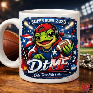 White mug with cartoon frog holding football and Super Bowl themed DtMF design!