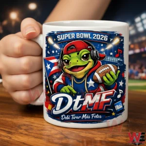 Hand holding white mug with cartoon frog football Super Bowl DtMF design!