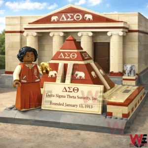 Building block model of a Delta Sigma Theta inspired sorority house with columns pyramid structure and figure holding a gold elephant!