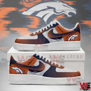 Denver Broncos themed custom sneakers in orange navy and white displayed on a white box with team logo background.