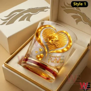 Denver Broncos themed whiskey glass with gold heart football design in a gift box!