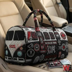 Depeche Mode themed quilted duffle bag placed on a beige car seat!