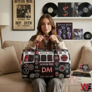 Depeche Mode Rock Band Quilted Duffle Bag 3 Woman holding a Depeche Mode themed duffle bag in a living room with band posters and records!