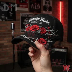 Black Depeche Mode Violator cap with red rose embroidery held in a studio setting!