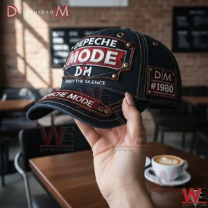 Depeche Mode Violator Rose Cap hat 5 Dark denim Depeche Mode cap with logo patches held in a cafe environment!