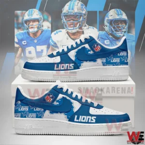 Blue and white Detroit Lions themed sneakers with team logos displayed on a box with football players in the background!