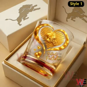 Detroit football themed whiskey glass with gold heart and helmet design in a gift box!