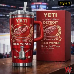 Red Detroit Red Wings anniversary tumbler with matching box on a hockey arena background!