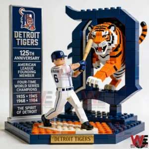 Building brick model of Detroit Tigers player batting with tiger mascot and anniversary sign!
