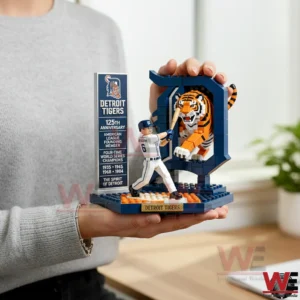 Person holding Detroit Tigers building brick model with player and tiger design!