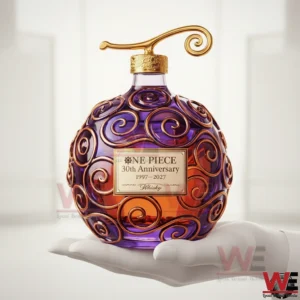 One Piece devil fruit inspired whiskey bottle held on an open hand!