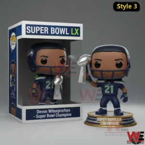 Seattle Seahawks Super Bowl LX champion figure wearing a helmet and holding a trophy!