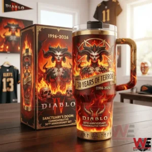 Diablo IV commemorative tumbler with fiery demon artwork!