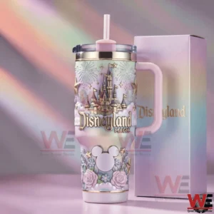 Disneyland magic tumbler with handle and straw shown next to matching box!