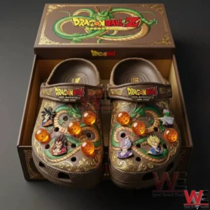 Brown Dragon Ball themed clogs with character charms displayed inside a special anniversary box!