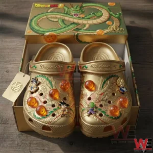 Gold Dragon Ball themed clogs with character charms and dragon design in a collector box!