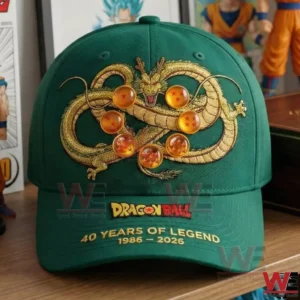 Green embroidered cap with Shenron dragon and Dragon Balls celebrating a Dragon Ball anniversary!