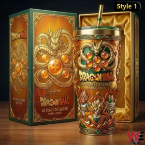 Dragon Ball themed insulated tumbler with ornate dragon design and matching display box!