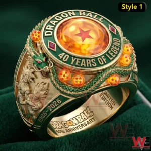 Green and gold Dragon Ball anniversary ring with dragon and glowing dragon balls!