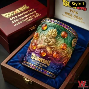 Dragon Ball anniversary whiskey glass displayed in a wooden gift box!