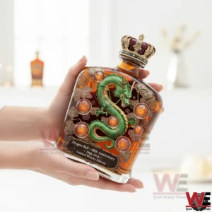 Dragon Ball themed whiskey bottle with green dragon and crystal orbs held in hands!