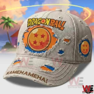 Distressed Dragon Ball cap with four star dragon orb emblem and Kamehameha text!