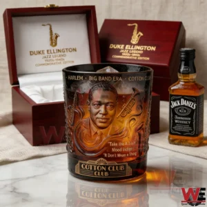 Whiskey glass with Duke Ellington jazz design in front of wooden gift box!