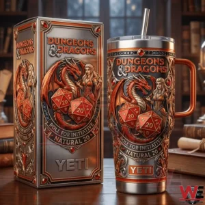 Dungeons and Dragons Yeti tumbler and box with red dragon and d twenty dice artwork!