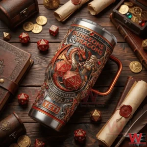 Dungeons and Dragons D20 Roll for Initiative 40oz Yeti Tumbler 4 Dungeons and Dragons Yeti tumbler on wooden table with dice scrolls and treasure props!