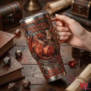 Dungeons and Dragons D20 Roll for Initiative 40oz Yeti Tumbler 5 Hand holding Dungeons and Dragons Yeti tumbler with red dragon and d twenty dice design!