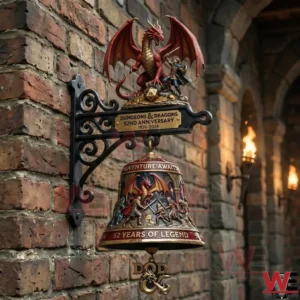 Alt text Wall mounted Dungeons and Dragons anniversary bell with a red dragon and adventurer figures on a brick wall!