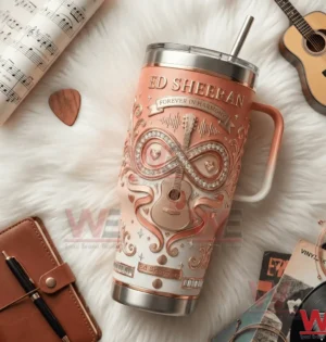 Rose gold Ed Sheeran forever in harmony tumbler with guitar infinity design on soft background!