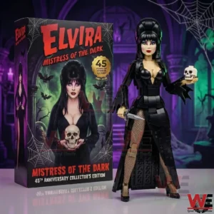 Gothic horror female figure holding a skull beside a themed collector box!