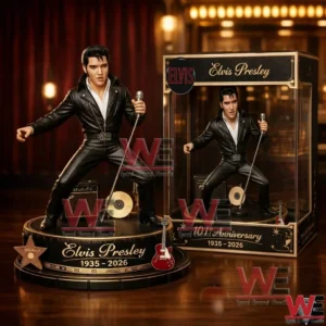 Collectible Elvis Presley figure in black leather outfit with microphone and anniversary display base!