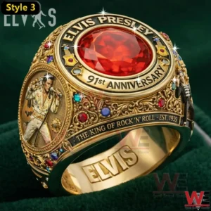Ornate gold ring with red gemstone celebrating Elvis Presley anniversary.