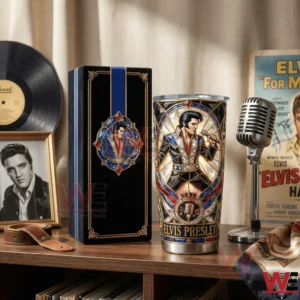 Elvis Presley tumbler displayed on a shelf with vintage music items!