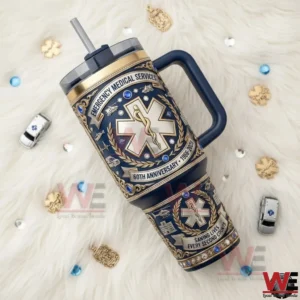 Emergency Medical Services anniversary tumbler with medical emblem and blue gold design!