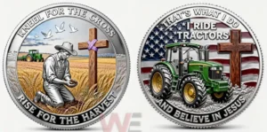 Commemorative coin with green tractor American flag and wooden cross!