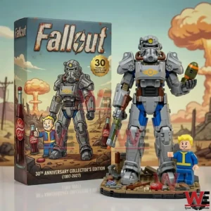Fallout building block vault character holding a Nuka Cola bottle next to a collectible box!